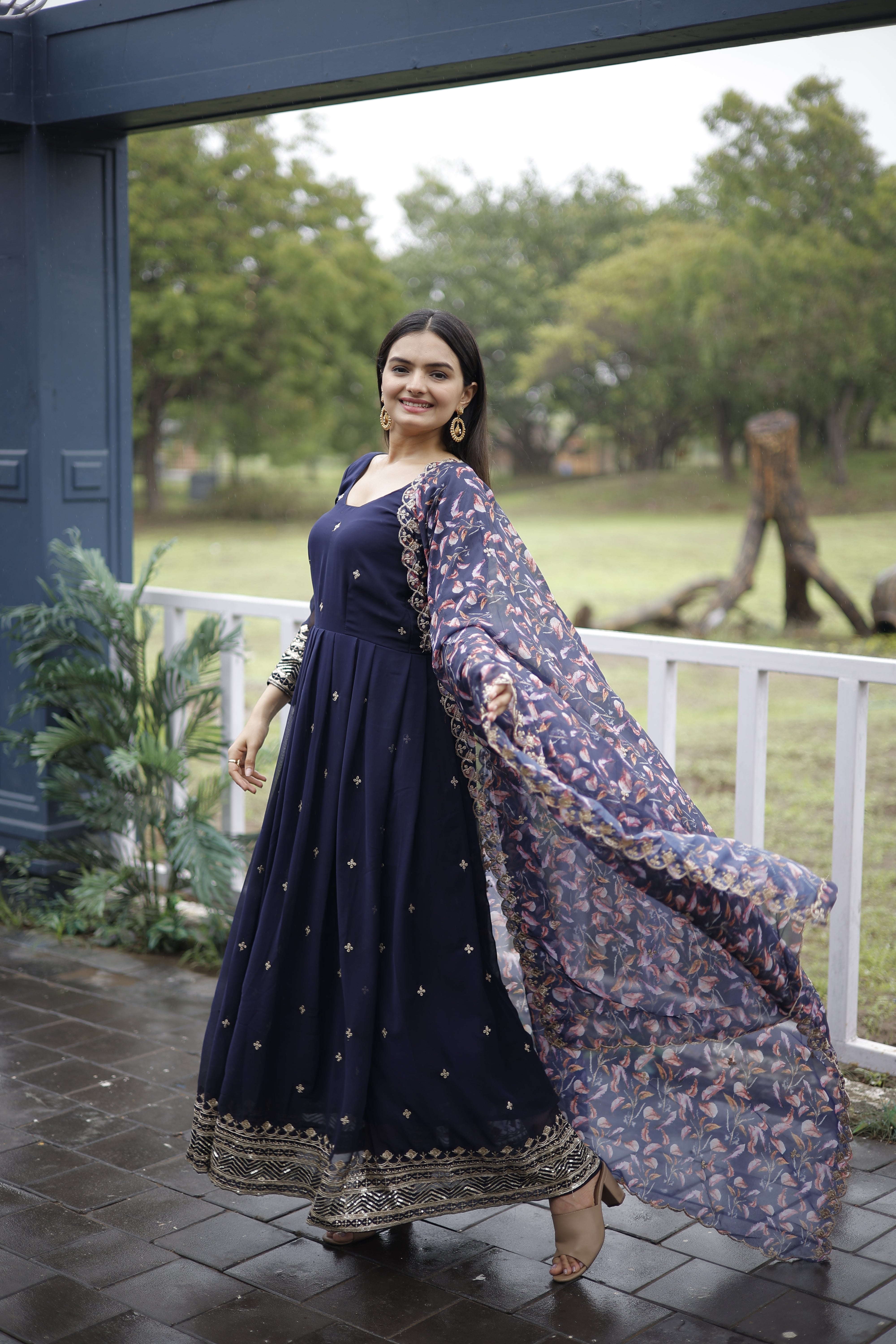 Faux Georgette Embroidered Gown with Tabby Silk Dupatta